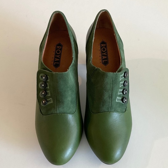 ROYAL VINTAGE Greta Reproduction 30’s/40’s Green Leather/Suede Heels Size 8.5 - Picture 4 of 13